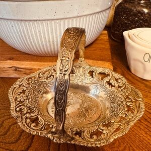 Vintage Ornate Metal Silver Colored Basket with Handle decor piece